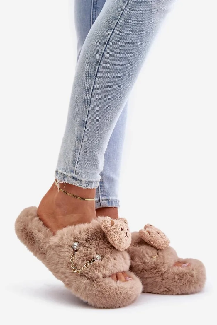 Outlet Boto Kapcie Futrzane Damskie Z Misiem I Ozdobnymi Elementami Beżowe Innalise