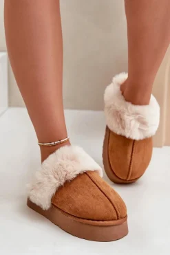 Online Boto Kapcie Śniegowce Damskie Na Grubej Podeszwie Z Futerkiem Camel Doriola Brązowy