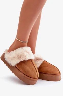 Online Boto Kapcie Śniegowce Damskie Na Grubej Podeszwie Z Futerkiem Camel Doriola Brązowy