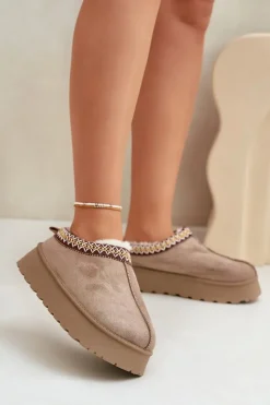 Boto Śniegowce Damskie|Kapcie Klasyczne*Kapcie Śniegowce Na Platformie Z Haftem Ciemnobeżowe Tamilda