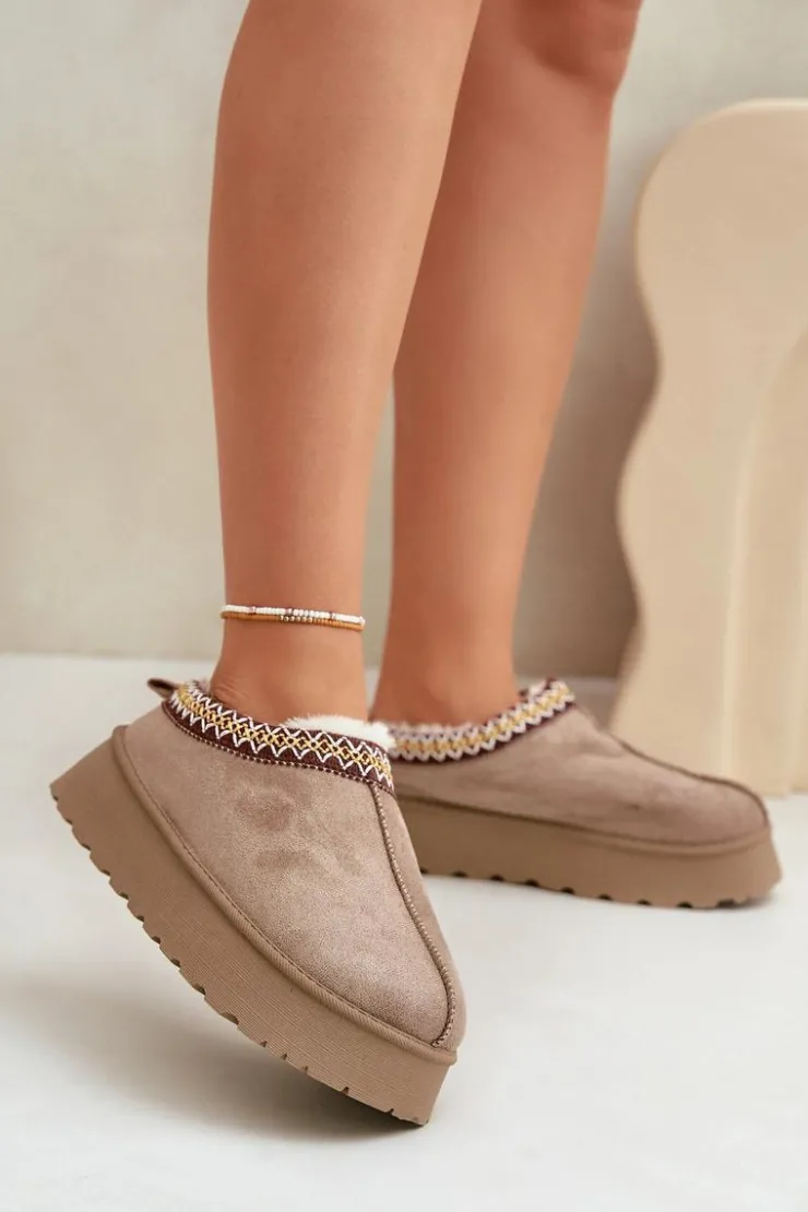 Boto Śniegowce Damskie|Kapcie Klasyczne*Kapcie Śniegowce Na Platformie Z Haftem Ciemnobeżowe Tamilda