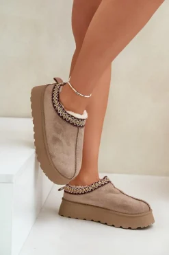 Boto Śniegowce Damskie|Kapcie Klasyczne*Kapcie Śniegowce Na Platformie Z Haftem Ciemnobeżowe Tamilda