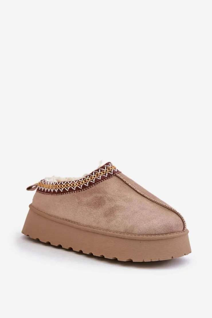 Boto Śniegowce Damskie|Kapcie Klasyczne*Kapcie Śniegowce Na Platformie Z Haftem Ciemnobeżowe Tamilda