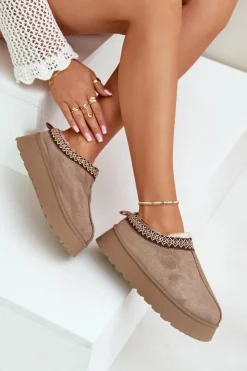 Boto Śniegowce Damskie|Kapcie Klasyczne*Kapcie Śniegowce Na Platformie Z Haftem Ciemnobeżowe Tamilda