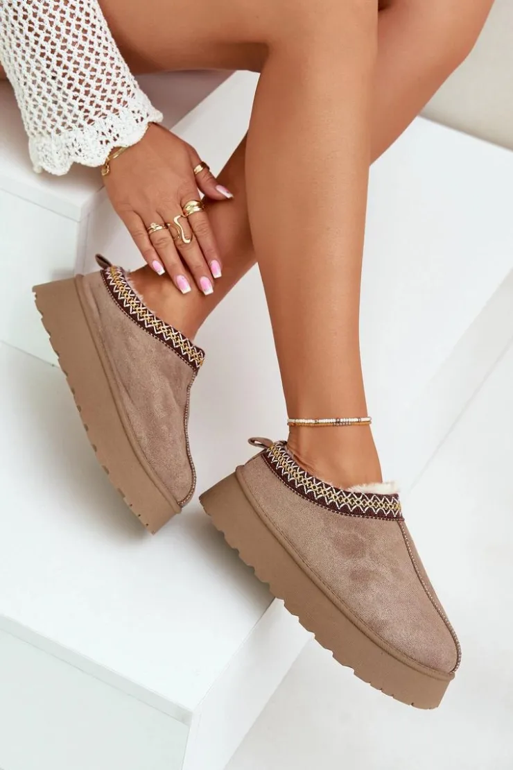 Boto Śniegowce Damskie|Kapcie Klasyczne*Kapcie Śniegowce Na Platformie Z Haftem Ciemnobeżowe Tamilda