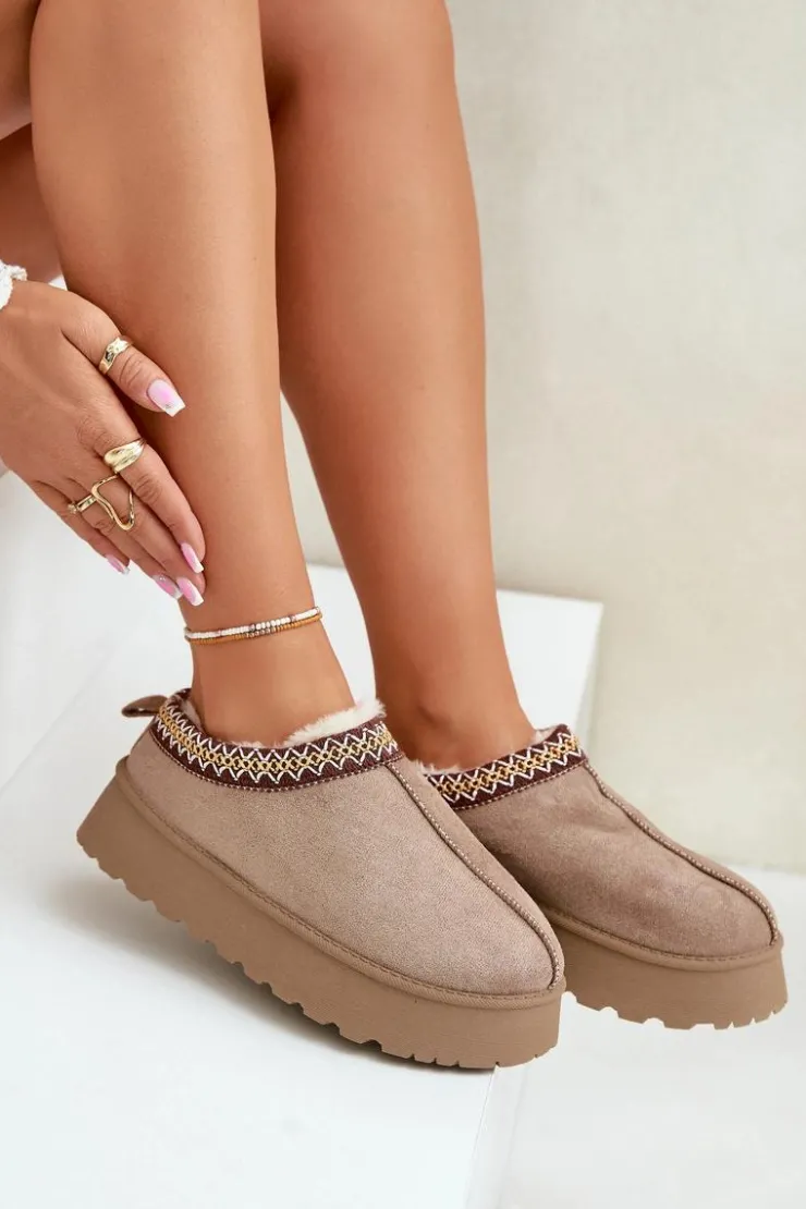 Boto Śniegowce Damskie|Kapcie Klasyczne*Kapcie Śniegowce Na Platformie Z Haftem Ciemnobeżowe Tamilda