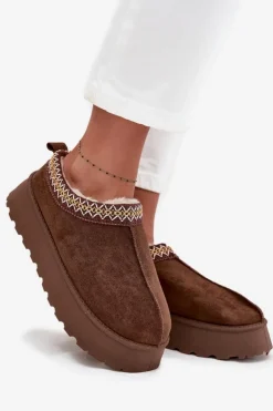 Boto Kapcie Śniegowce Na Platformie Z Haftem Brązowe Tamilda