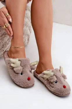 New Boto Kapcie Świąteczne Z Motywem Renifera Futrzane Ciemnobeżowe Asielle Beżowy