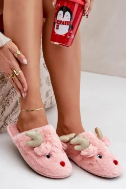 Boto Kapcie Klasyczne*Kapcie Świąteczne Z Motywem Renifera Futrzane Różowe Asielle Różowy