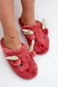 Clearance Boto Kapcie Świąteczne Z Motywem Renifera Futrzane Koralowe Asielle Czerwony