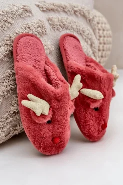 Clearance Boto Kapcie Świąteczne Z Motywem Renifera Futrzane Koralowe Asielle Czerwony