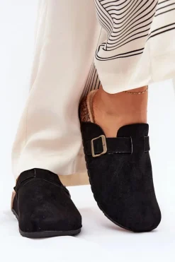 New Boto Klapki Chodaki Damskie i Na Platformie Z Klamrą Czarne Selio Czarny