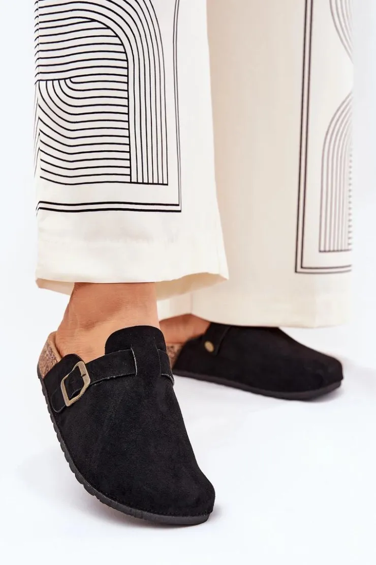 New Boto Klapki Chodaki Damskie i Na Platformie Z Klamrą Czarne Selio Czarny