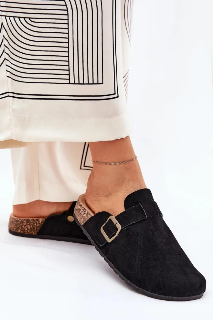 New Boto Klapki Chodaki Damskie i Na Platformie Z Klamrą Czarne Selio Czarny