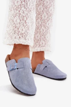 Discount Boto Klapki Chodaki Damskie i Na Korkowej Platformie Z Klamrą Niebieskie Klarae