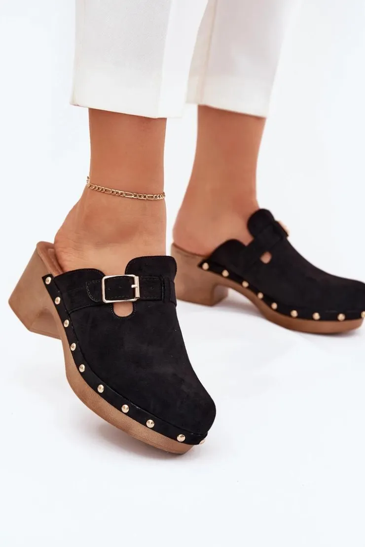 Sale Boto Klapki Chodaki Damskie Na Obcasie Z Klamrą Czarne Veldexina Czarny