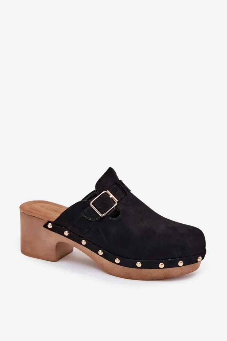 Sale Boto Klapki Chodaki Damskie Na Obcasie Z Klamrą Czarne Veldexina Czarny