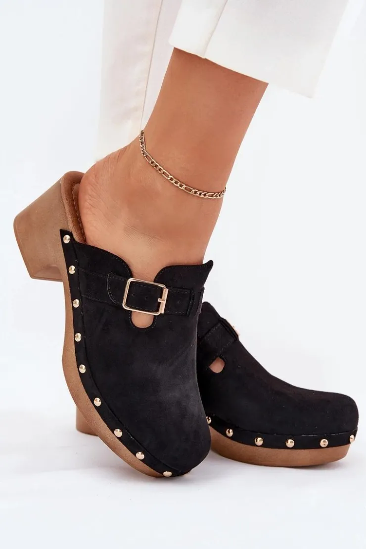 Sale Boto Klapki Chodaki Damskie Na Obcasie Z Klamrą Czarne Veldexina Czarny