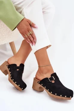 Sale Boto Klapki Chodaki Damskie Na Obcasie Z Klamrą Czarne Veldexina Czarny