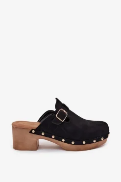 Sale Boto Klapki Chodaki Damskie Na Obcasie Z Klamrą Czarne Veldexina Czarny