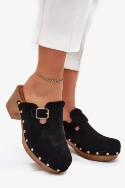 Sale Boto Klapki Chodaki Damskie Na Obcasie Z Klamrą Czarne Veldexina Czarny