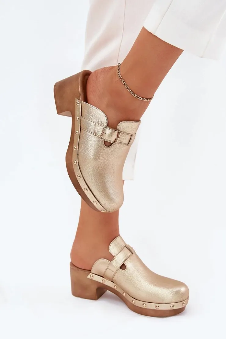 Boto Klapki Na Obcasie|Klapki Damskie Klasyczne*Klapki Chodaki Damskie Na Obcasie Z Klamrą Złote Veldexina Złoty