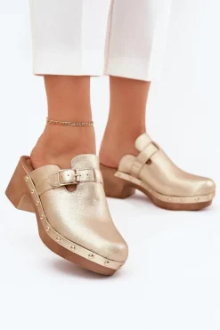 Boto Klapki Na Obcasie|Klapki Damskie Klasyczne*Klapki Chodaki Damskie Na Obcasie Z Klamrą Złote Veldexina Złoty