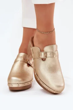 Boto Klapki Na Obcasie|Klapki Damskie Klasyczne*Klapki Chodaki Damskie Na Obcasie Z Klamrą Złote Veldexina Złoty