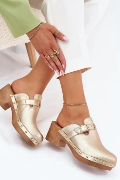 Boto Klapki Na Obcasie|Klapki Damskie Klasyczne*Klapki Chodaki Damskie Na Obcasie Z Klamrą Złote Veldexina Złoty