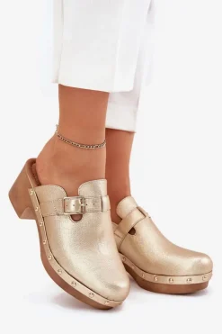 Boto Klapki Na Obcasie|Klapki Damskie Klasyczne*Klapki Chodaki Damskie Na Obcasie Z Klamrą Złote Veldexina Złoty