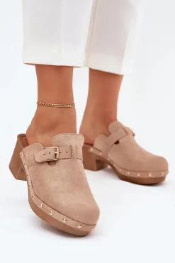 Boto Klapki Na Obcasie|Klapki Damskie Klasyczne*Klapki Chodaki Damskie Na Obcasie Z Klamrą Beżowe Veldexina