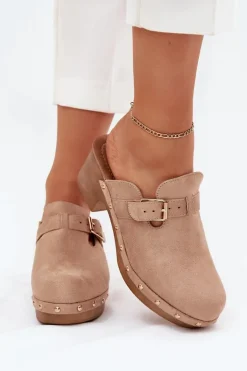 Boto Klapki Na Obcasie|Klapki Damskie Klasyczne*Klapki Chodaki Damskie Na Obcasie Z Klamrą Beżowe Veldexina