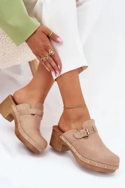 Boto Klapki Na Obcasie|Klapki Damskie Klasyczne*Klapki Chodaki Damskie Na Obcasie Z Klamrą Beżowe Veldexina