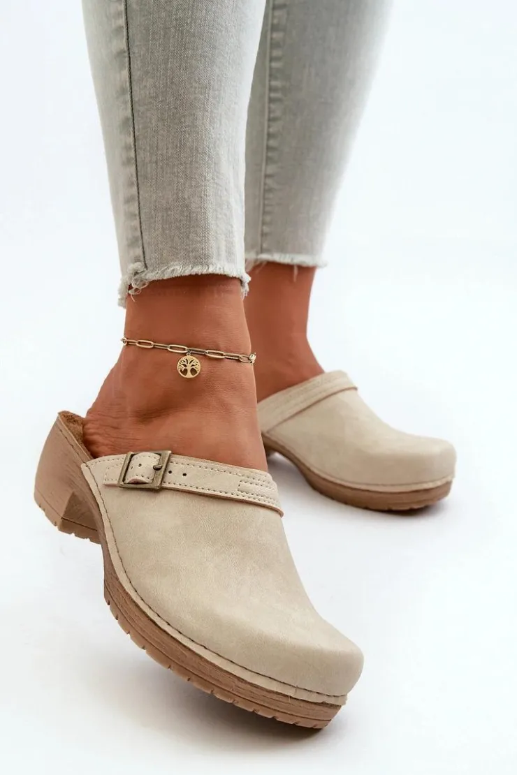 INBLU Klapki Na Obcasie|Klapki Damskie Klasyczne*Klapki Chodaki Damskie Na Niskim Obcasie BL000004 Beżowe