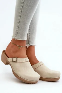 INBLU Klapki Na Obcasie|Klapki Damskie Klasyczne*Klapki Chodaki Damskie Na Niskim Obcasie BL000004 Beżowe
