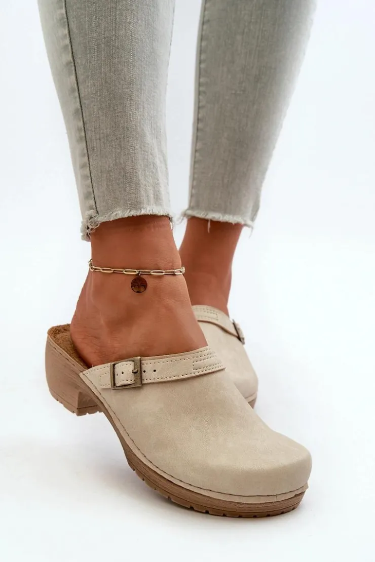 INBLU Klapki Na Obcasie|Klapki Damskie Klasyczne*Klapki Chodaki Damskie Na Niskim Obcasie BL000004 Beżowe