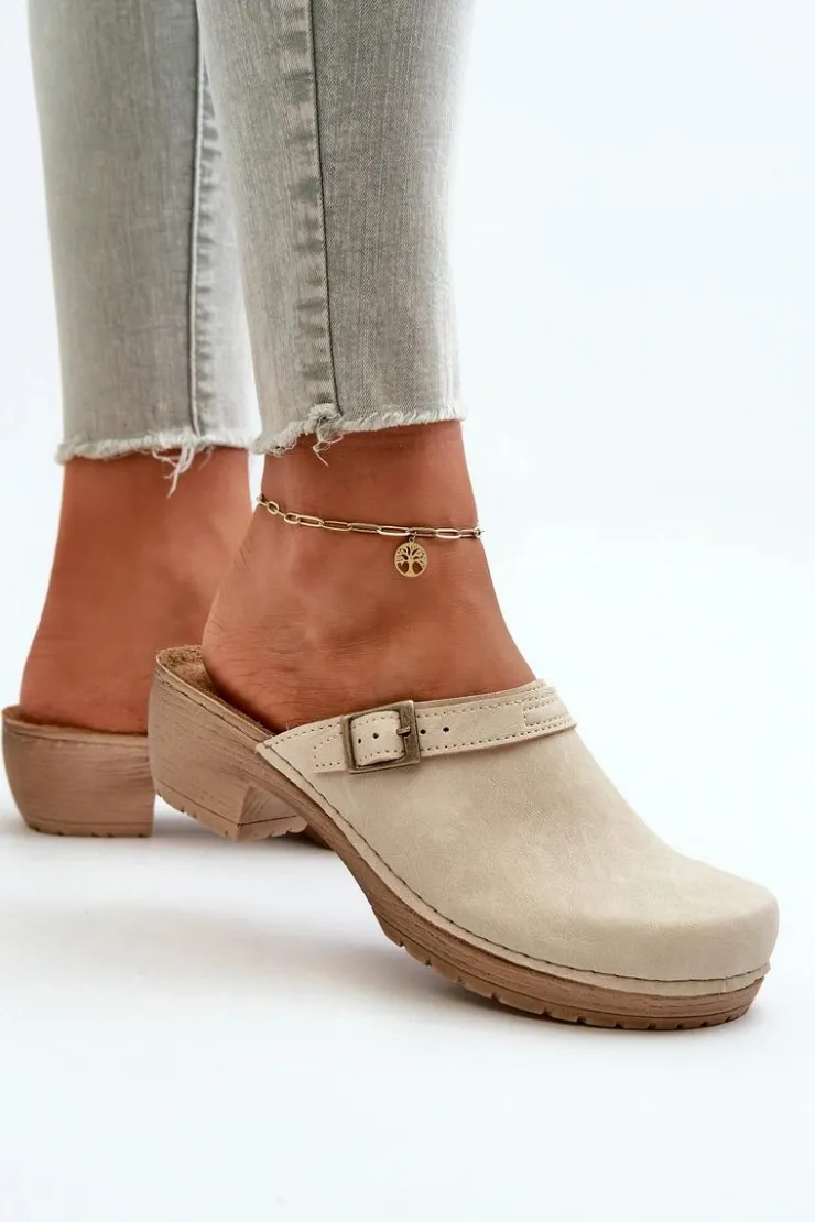 INBLU Klapki Na Obcasie|Klapki Damskie Klasyczne*Klapki Chodaki Damskie Na Niskim Obcasie BL000004 Beżowe