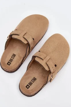 Damskie Big Star Shoes Klapki Chodaki Damskie Na Korkowej Platformie Ze Złotą Klamrą Big Star SS274738 Beżowe