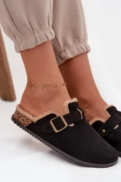 Discount Boto Klapki Chodaki Damskie Ocieplane Futerkiem Z Klamrą Czarne Sylisse Czarny