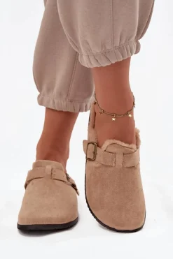 Boto Klapki Korkowe|Klapki Na Platformie*Klapki Chodaki Damskie Ocieplane Futerkiem Z Klamrą Beżowe Sylisse Beżowy