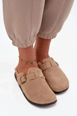 Boto Klapki Korkowe|Klapki Na Platformie*Klapki Chodaki Damskie Ocieplane Futerkiem Z Klamrą Beżowe Sylisse Beżowy