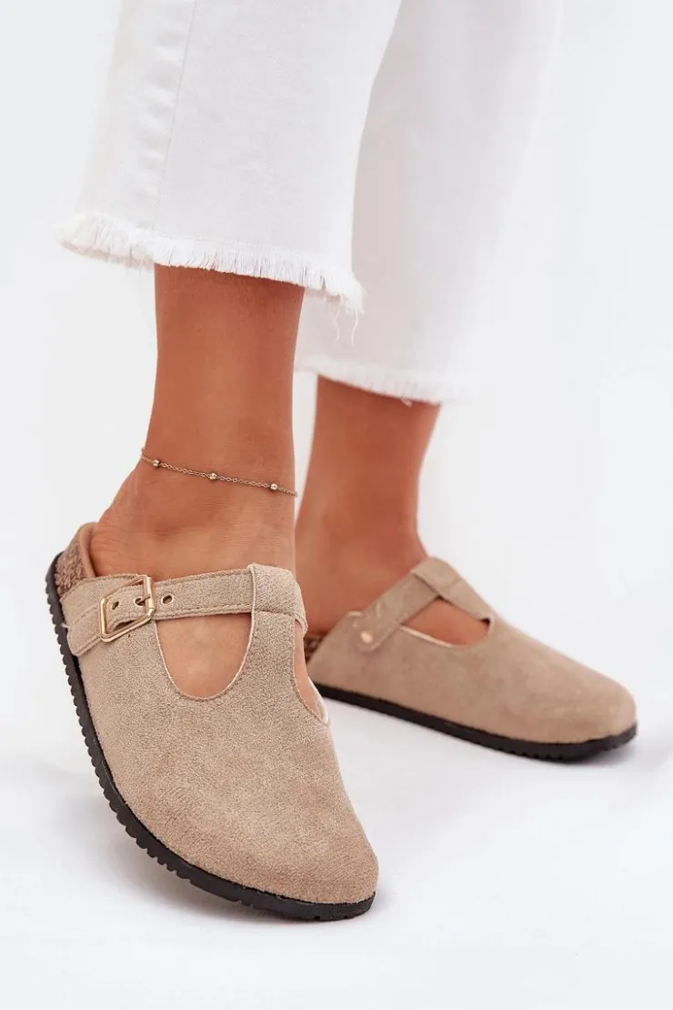 Damskie Boto Klapki Chodaki Damskie Ze Złotą Klamrą Beżowe Lirina