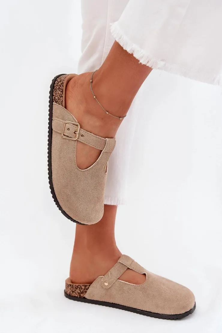 Damskie Boto Klapki Chodaki Damskie Ze Złotą Klamrą Beżowe Lirina