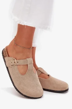 Damskie Boto Klapki Chodaki Damskie Ze Złotą Klamrą Beżowe Lirina