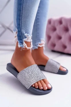 Outlet Big Star Shoes Klapki Damskie Big Star Brokatowe Szare AA274A162