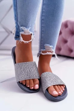 Outlet Big Star Shoes Klapki Damskie Big Star Brokatowe Szare AA274A162