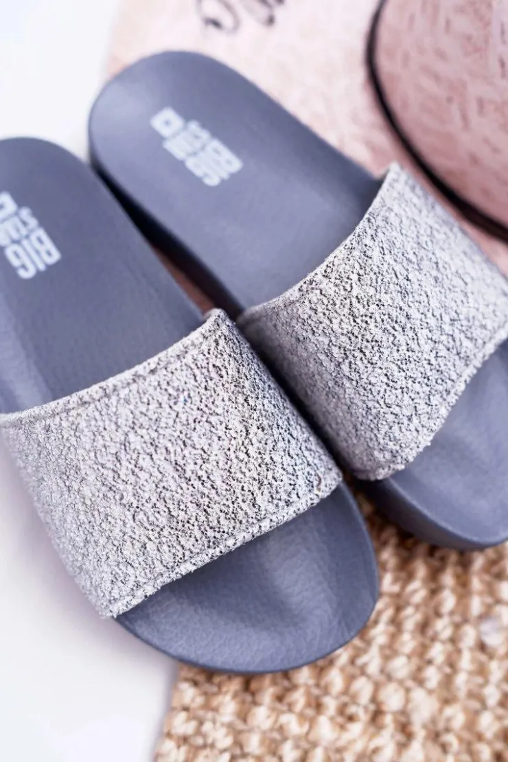 Outlet Big Star Shoes Klapki Damskie Big Star Brokatowe Szare AA274A162