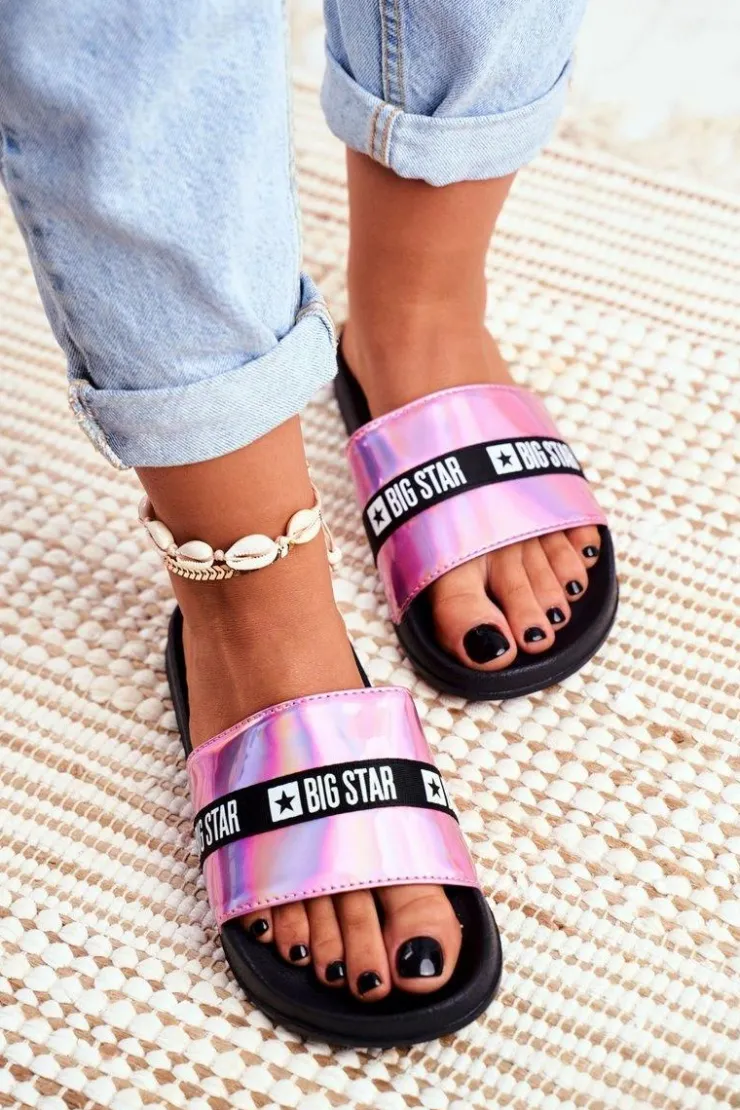 Big Star Shoes Klapki Damskie Big Star|Klapki Damskie Klasyczne*Klapki Damskie Big Star Różowe Holo GG274A008 Różowy