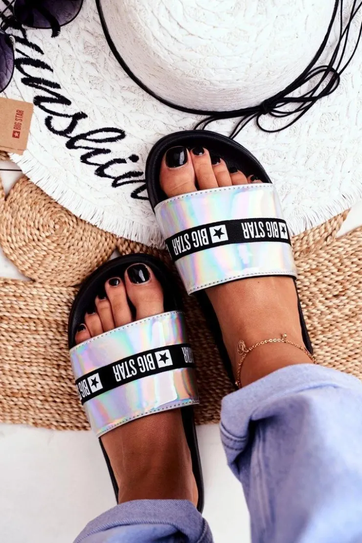Hot Big Star Shoes Klapki Damskie Big Star Srebrne Holo GG274A005