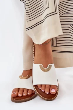 Damskie Boto Klapki Damskie Eko Skórzane Z Ozdobnymi Detalami Białe Mevith